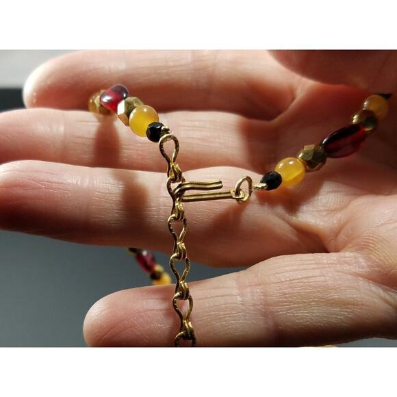 Vintage 1928 Necklace Red Gold Beaded Pendant Quartz Cabochon Black Crystals - Picture 10 of 10